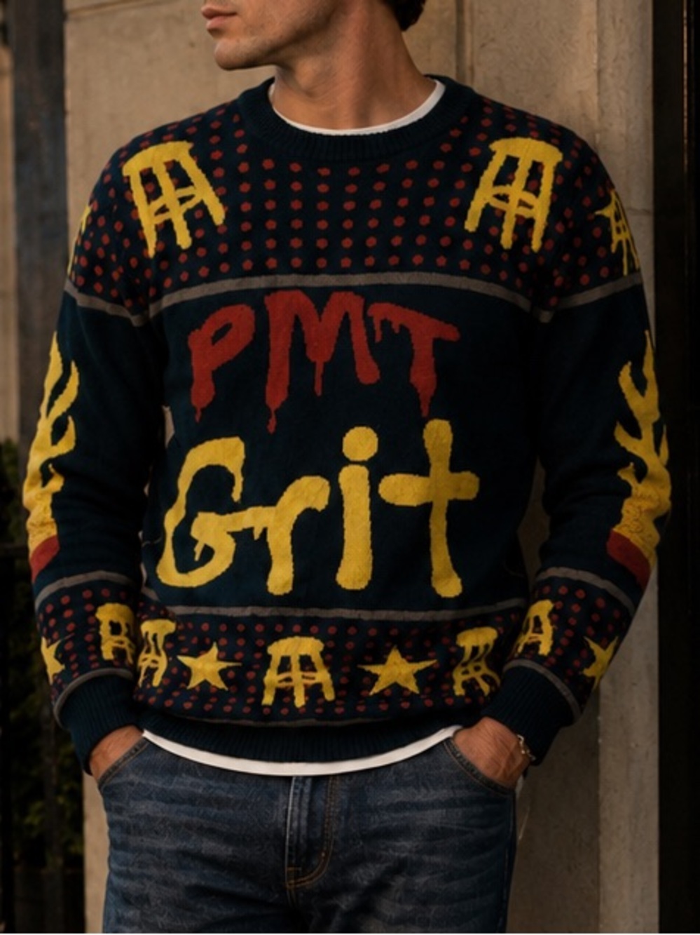 PMT Grit Graphic Crewneck Sweater - Navy and Yellow